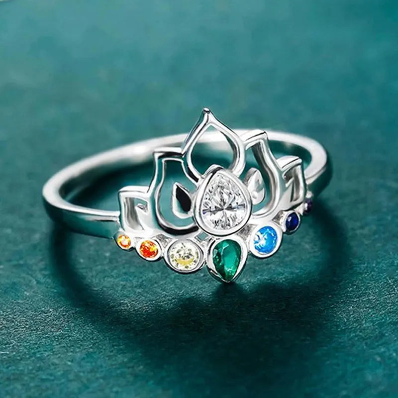 Anillo Piedra 7 Chakras Flor de Loto Mujer plata