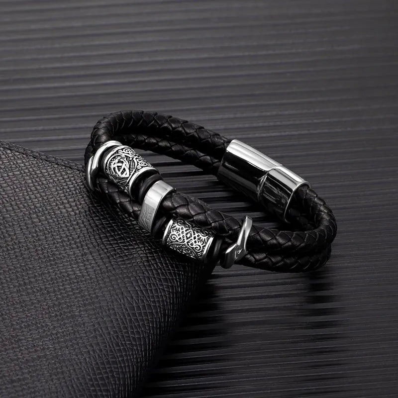 Pulsera Negra de Cuero Mitología Vikinga plata