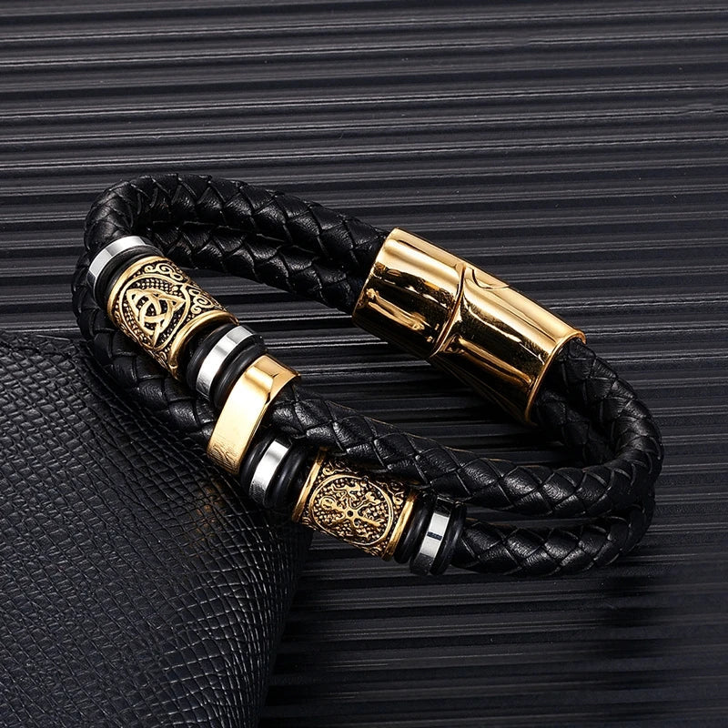 Pulsera Negra de Cuero Mitología Vikinga oro
