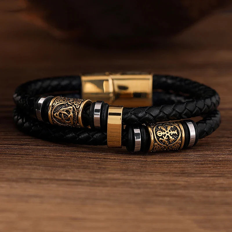 Pulsera Negra de Cuero Mitología Vikinga oro34