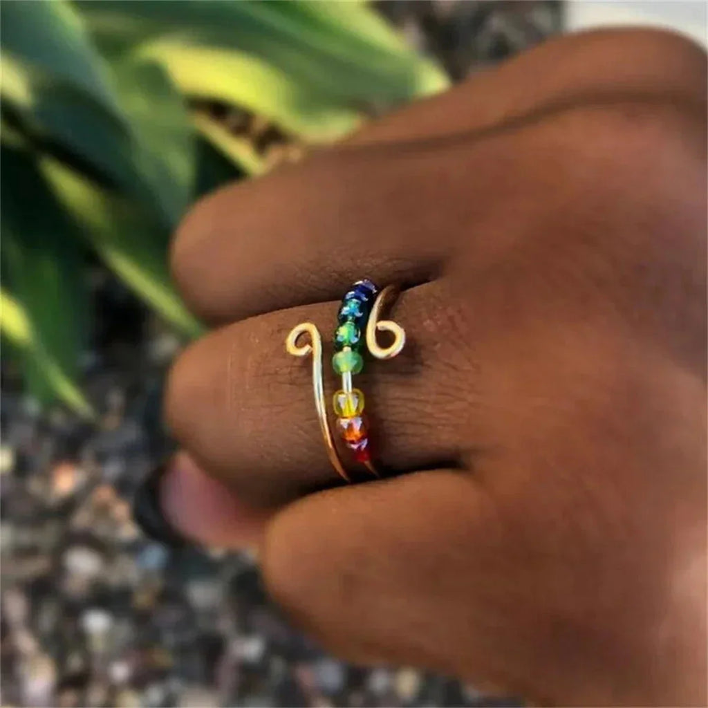 Anillo estilo bohemio anti-estrés con perlas giratorias oro
