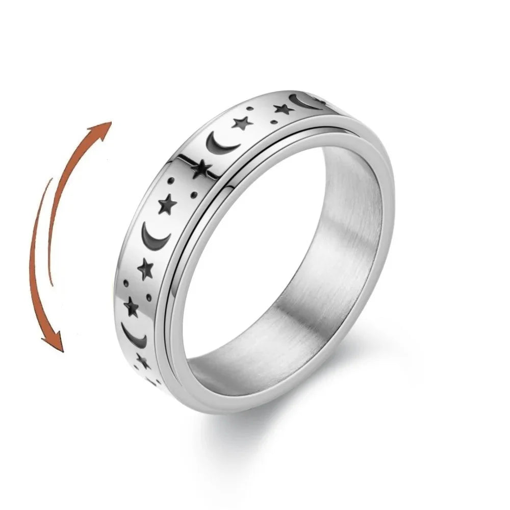 Anillo Anillo Anti-Estrés Giratorio Estrellas y Lunas plata