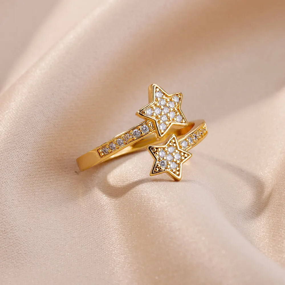 Anillo Doble Estrellas en Circonio dorado