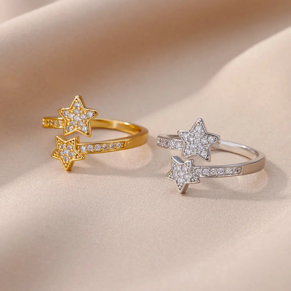 Anillo Doble Estrellas en Circonio plateado