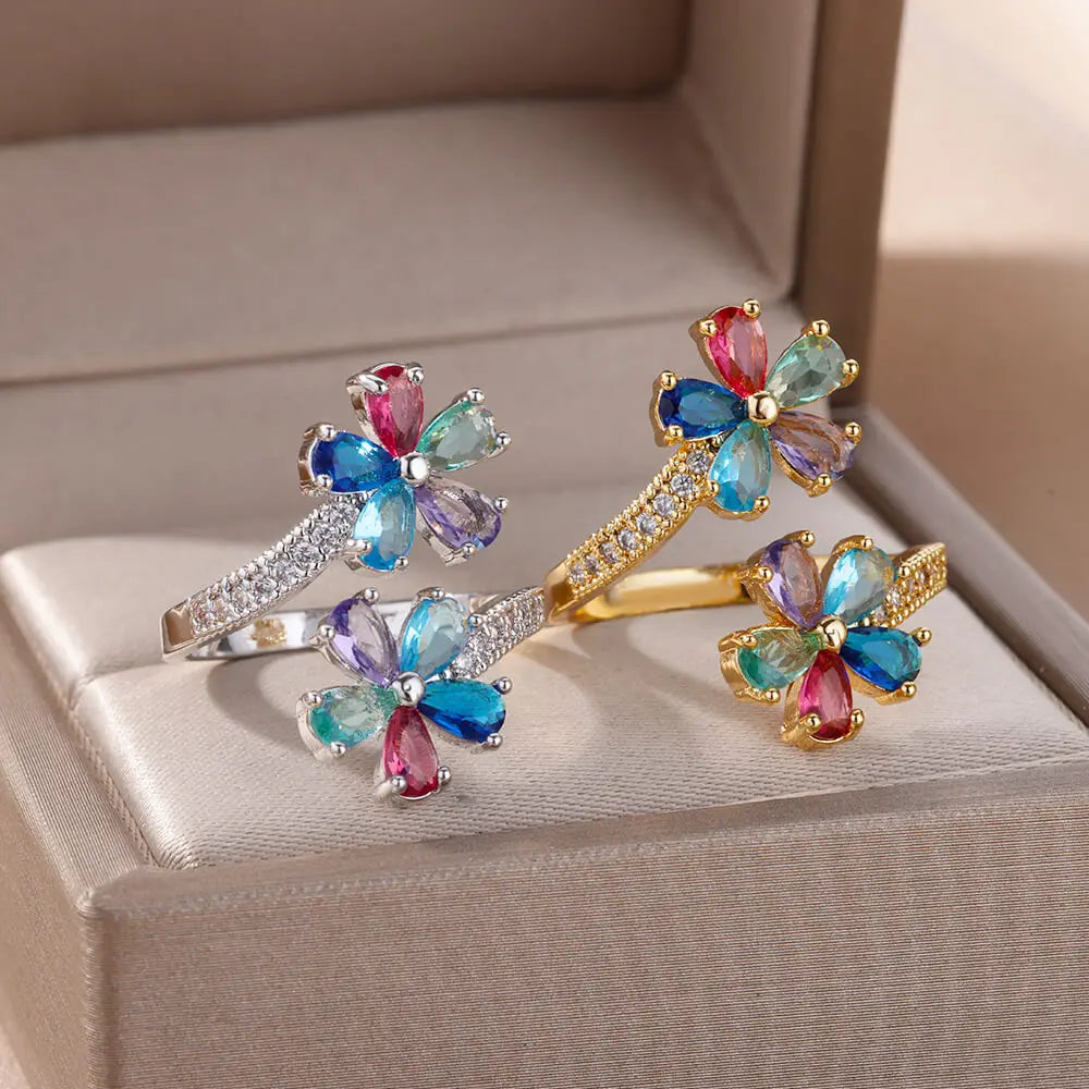 Anillo de Flores de Colores en Zirconia Plata