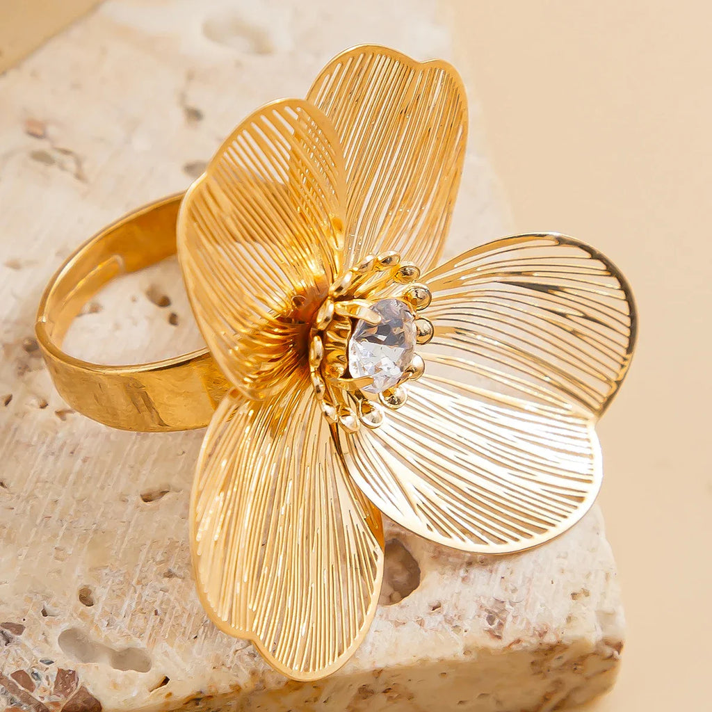 Anillo Banda Flor Grande Delicada oro