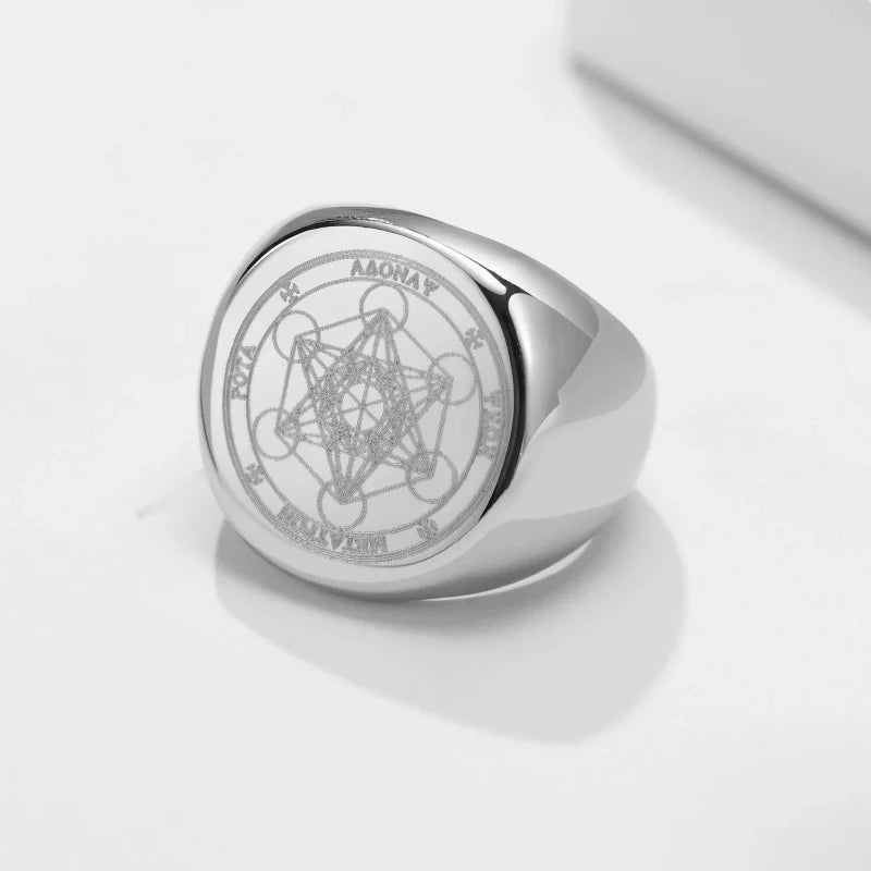 Anillo Aro Negro Cubo Metratrón plateado
