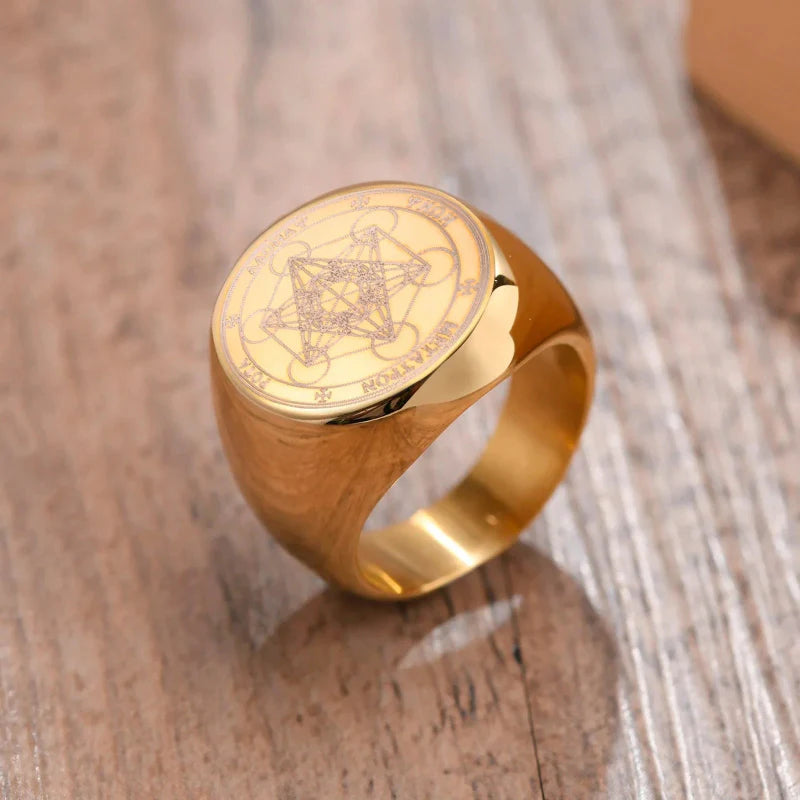Anillo Aro Negro Cubo Metratrón dorado