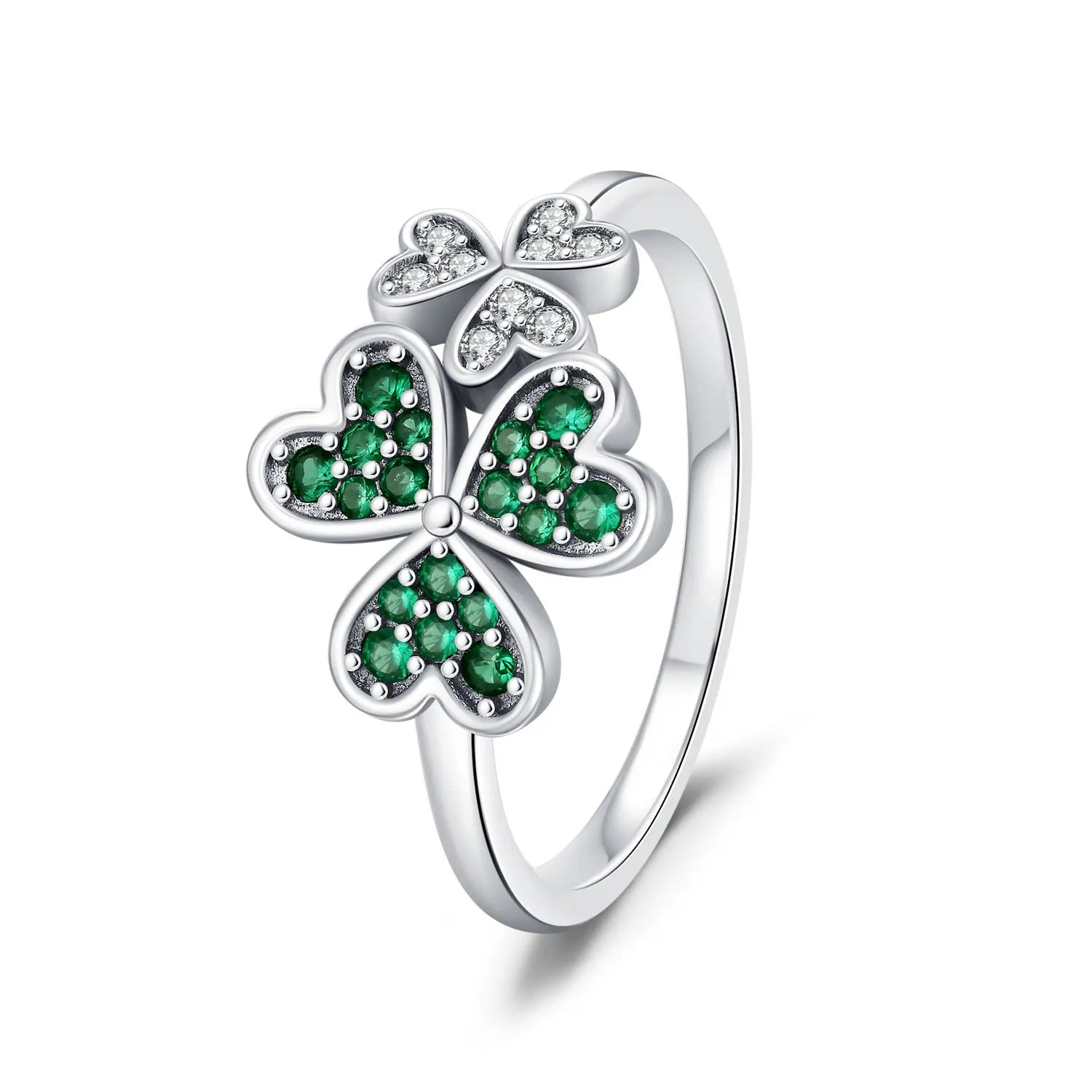 Anillo con Corazones en Circonio Verde Trébol de 3 Hojas