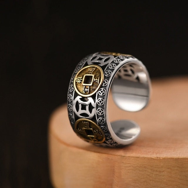 Anillo Budista Tibetano Hombre Mujer Sello Anillo Oro y Plata