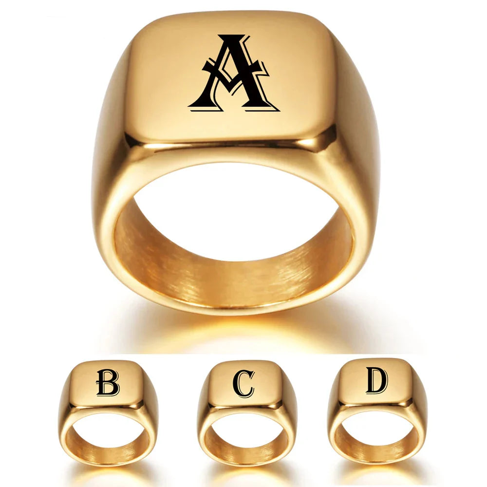 Bague carrée pour homme avec initiale - lettre
