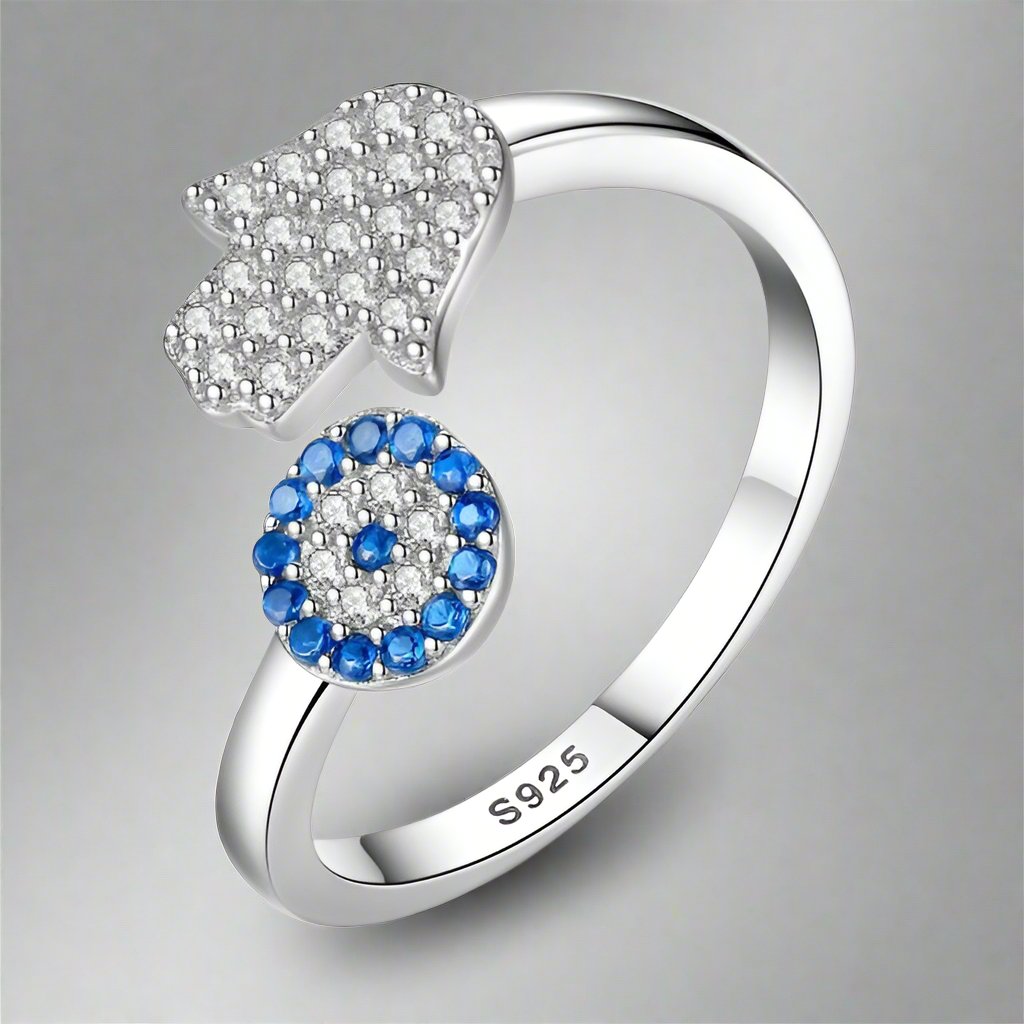 Anillo Contra el Mal de Ojo Azul Griego Turco Matiasma Mataki en Plata