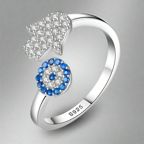 Anillo Contra el Mal de Ojo Azul Griego Turco Matiasma Mataki en Plata