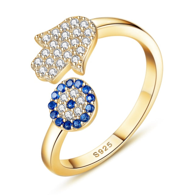 Anillo Contra el Mal de Ojo Azul Griego Turco Matiasma Mataki en oro