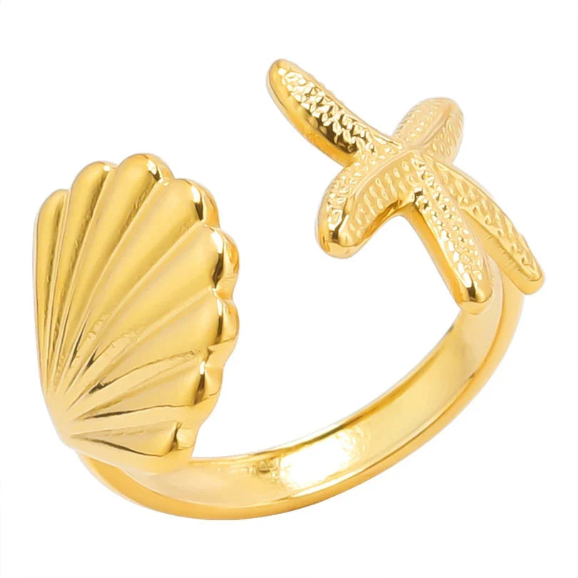 Anillo Conchas Estrella de Mar y Concha de Vieira oro