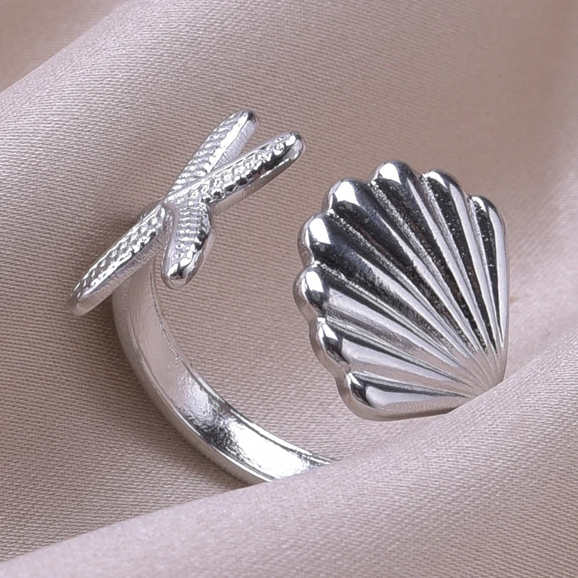 Anillo Conchas Estrella de Mar y Concha de Vieira plata