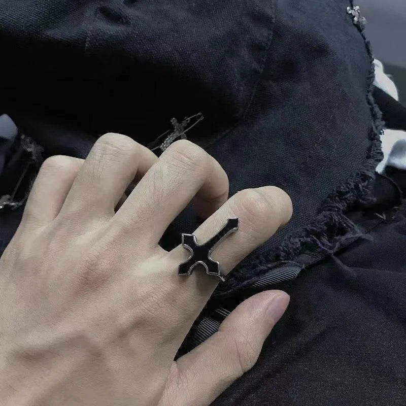 Anillo Cruz Hombre Negro Plata