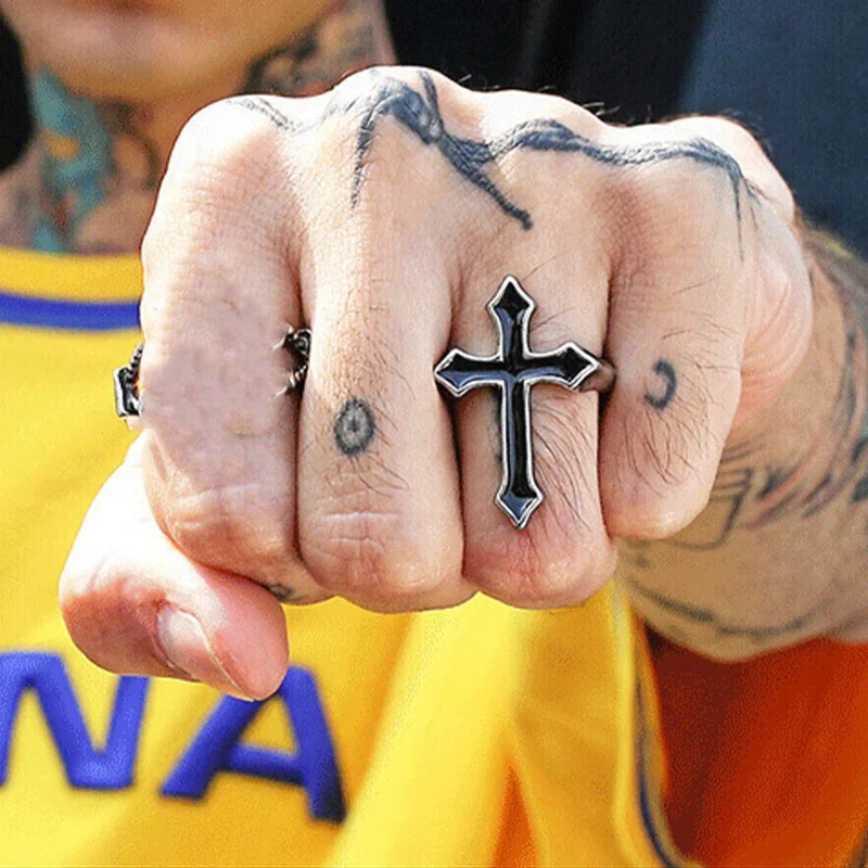 Anillo Cruz Hombre Negro Plata