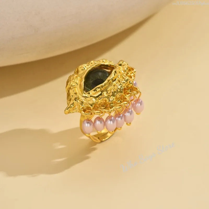 Anillo de Protección con Ojo Azul y Perlas doradas