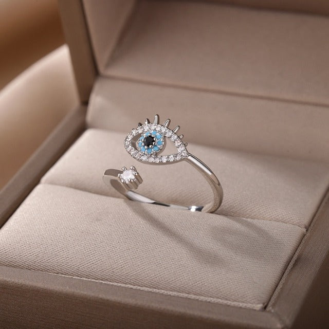 Anillo de Diamante contra el Mal de Ojo Azul Griego Turco Matiasma Mataki Plata