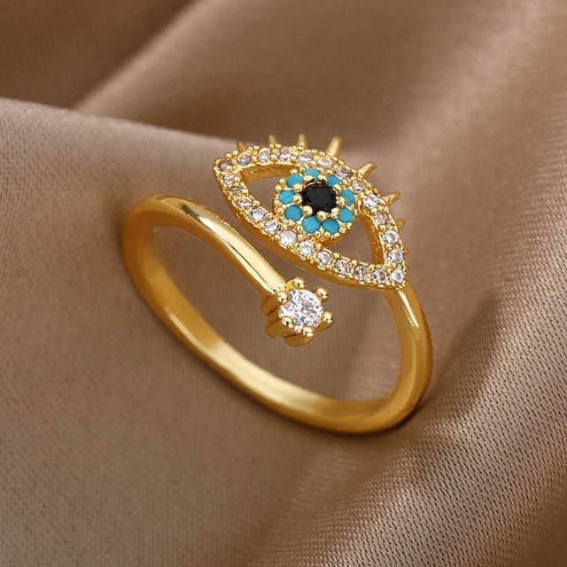 Anillo de Diamante contra el Mal de Ojo Azul Griego Turco Matiasma Mataki Oro
