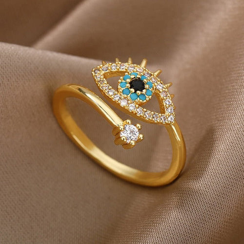 Anillo de Diamante contra el Mal de Ojo Azul Griego Turco Matiasma Mataki Oro