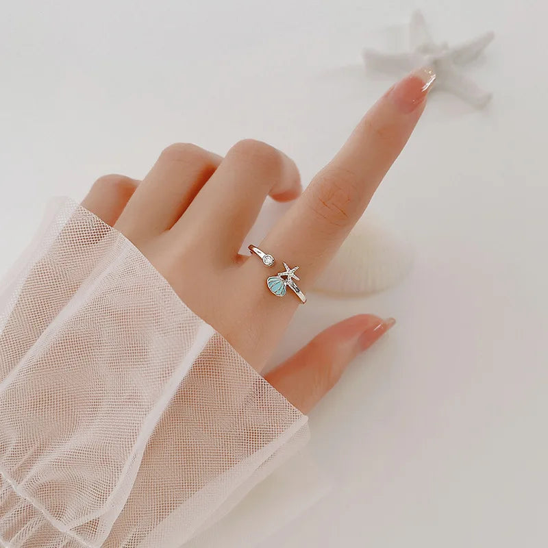 Anillo Conchas Estrella de Mar y Concha de Vieira y Circonio plata