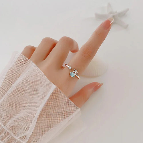 Anillo Conchas Estrella de Mar y Concha de Vieira y Circonio plata