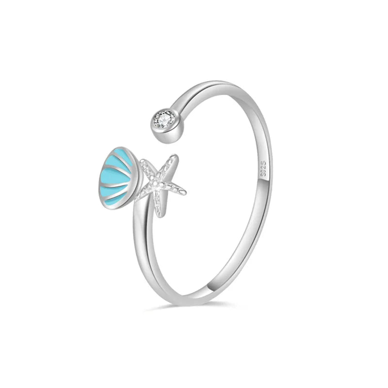 Anillo Conchas Estrella de Mar y Concha de Vieira y Circonio plata