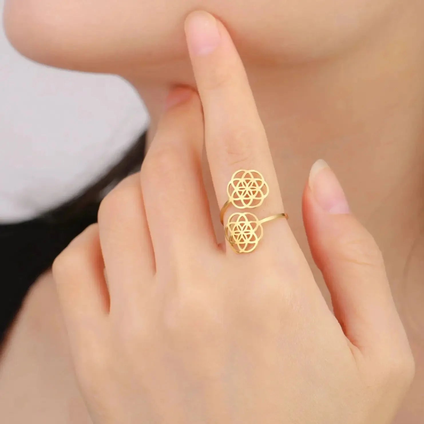 Anillo Semilla de la Vida Mujer Flor Mandala oro