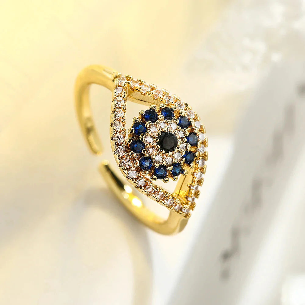 Anillo Ojo Turco Azul Zirconia oro