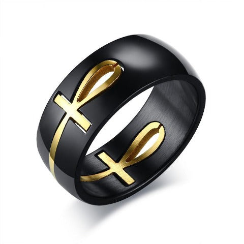 Anillo con motivo de Cruz Egipcia en negro y oro