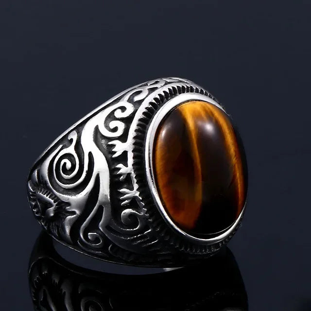 Anillo Ojo de Tigre Hombre Decorado plata