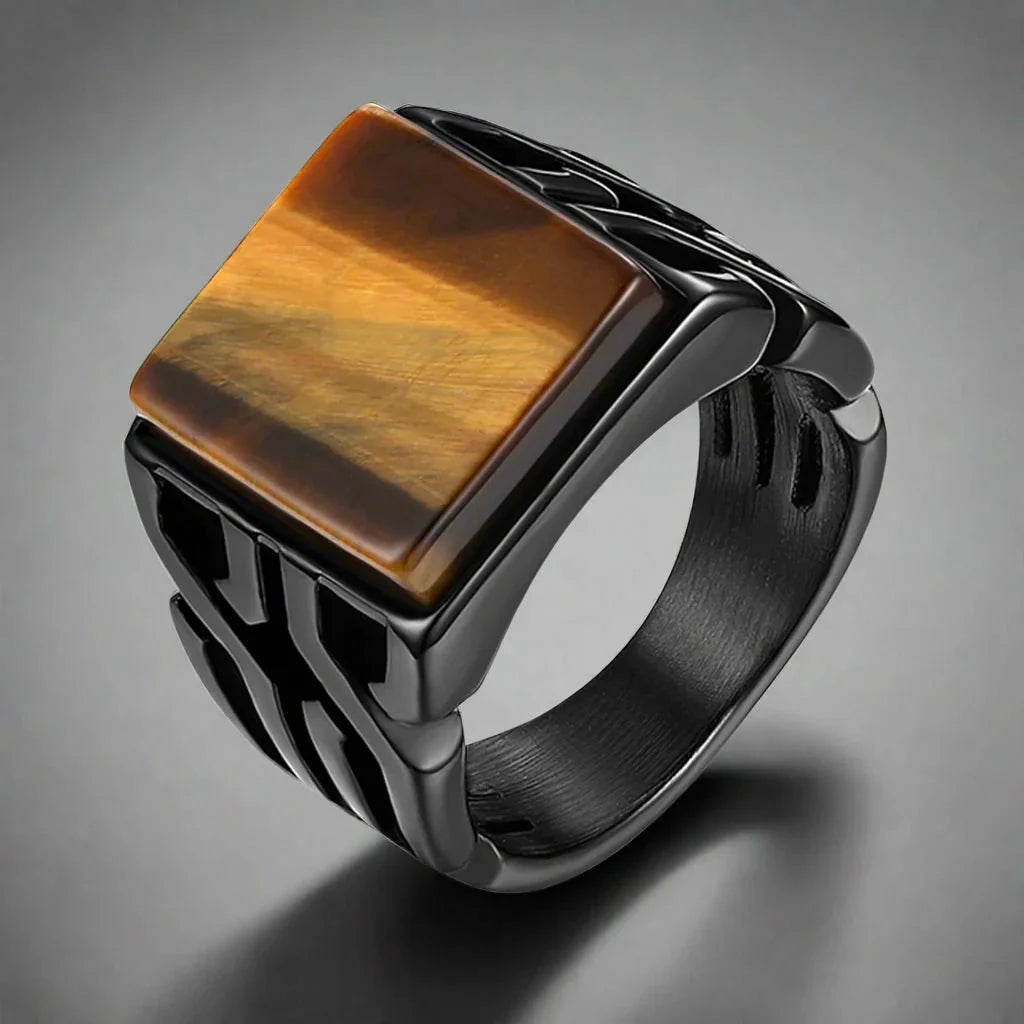 Anillo Ojo de Tigre Hombre Piedra Cuadrada
