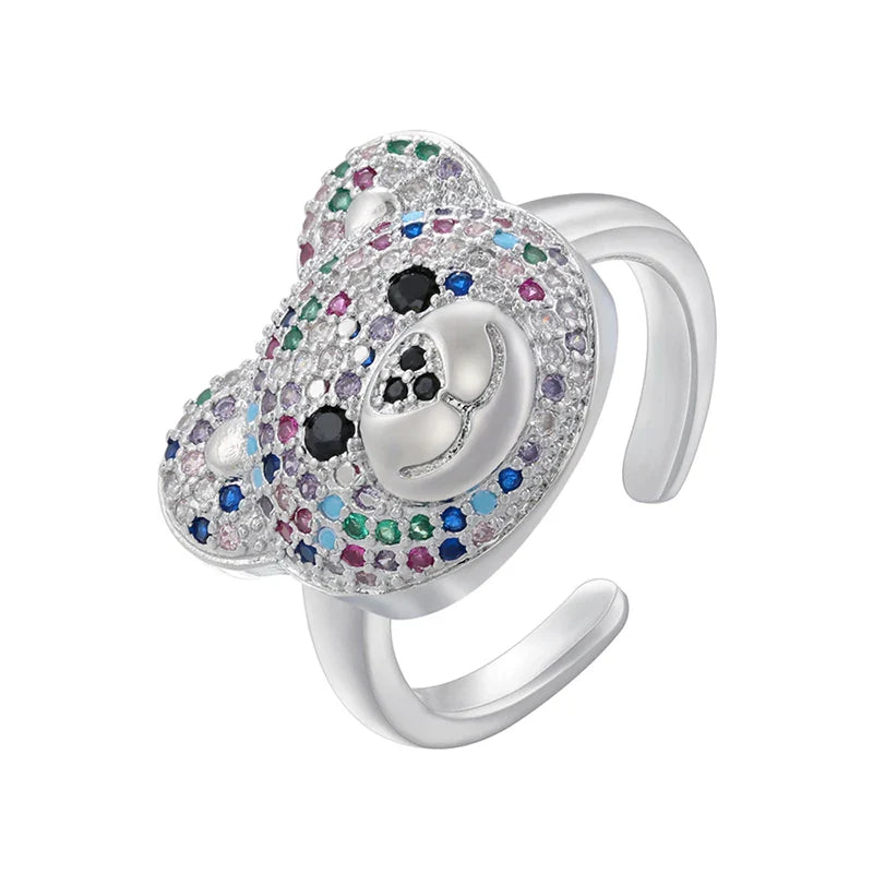 Anillo Oso Piedra Plata Y Multicolor
