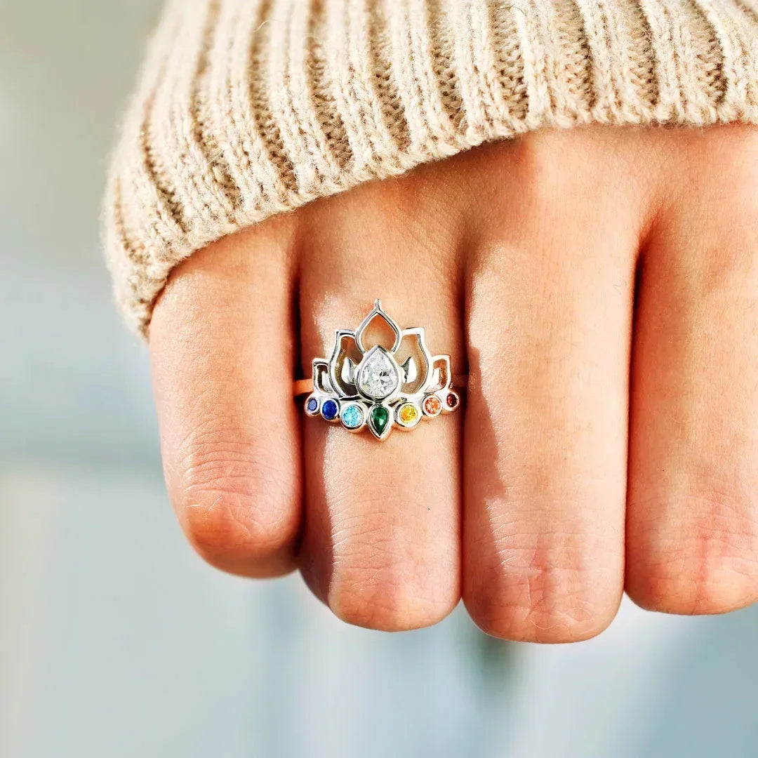 Anillo Piedra 7 Chakras Flor de Loto Mujer plateado