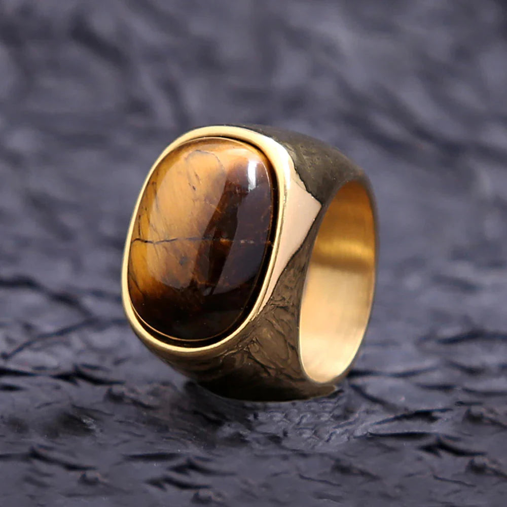 Anillo Piedra Ojo de Tigre Hombre Mujer oro