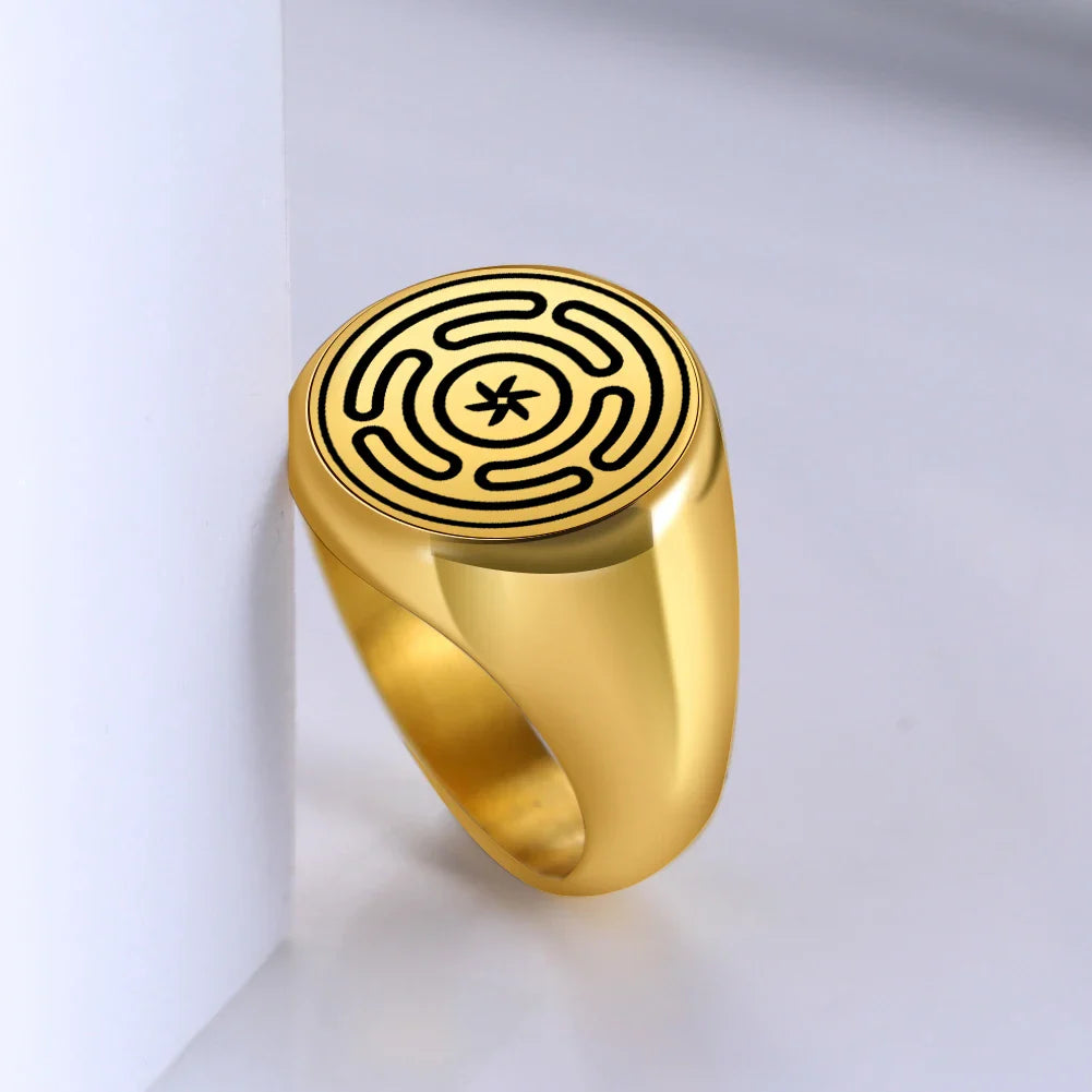 Anillo Rueda de Hécate Strophalos Brujería Wicca oro