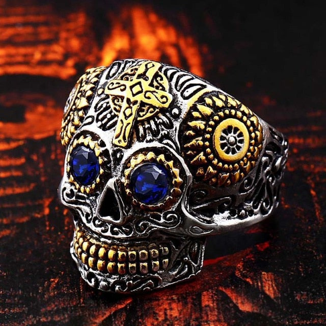 Anillo Cabeza de Calavera Mexicana ojos azules