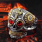 Anillo Cabeza de Calavera Mexicana ojos rojos