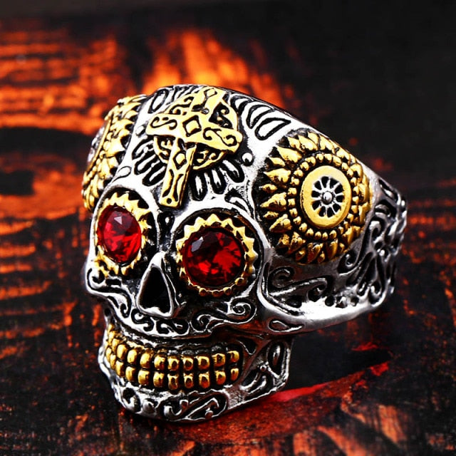 Anillo Cabeza de Calavera Mexicana ojos rojos