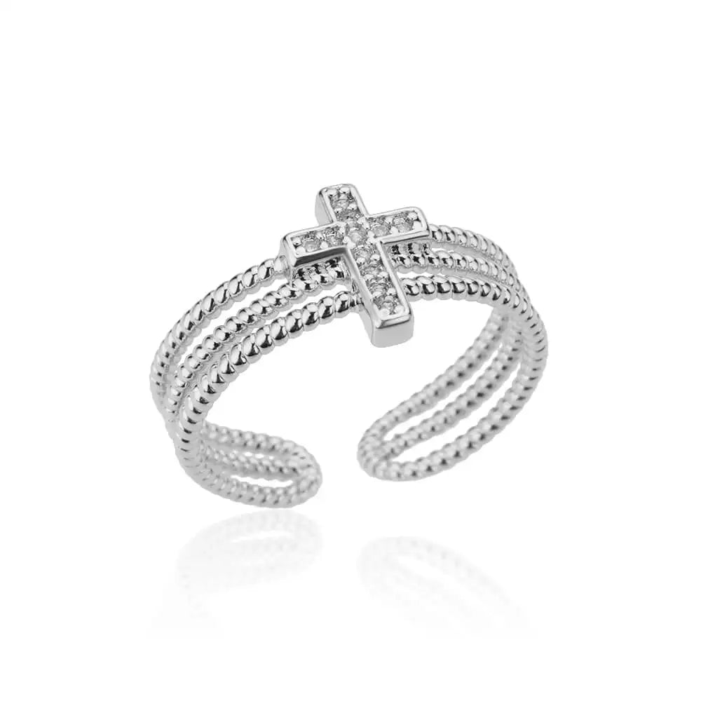 Anillo Triple Cruz Cristiana Mujer plata