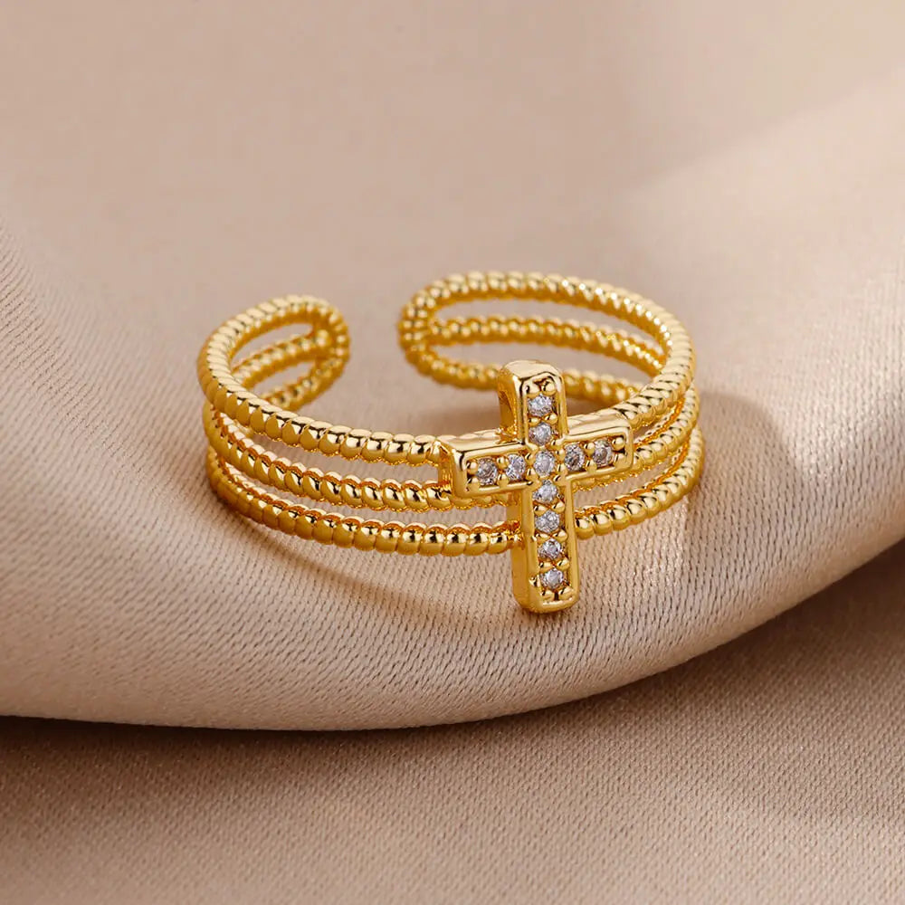 Anillo Triple Cruz Cristiana Mujer oro