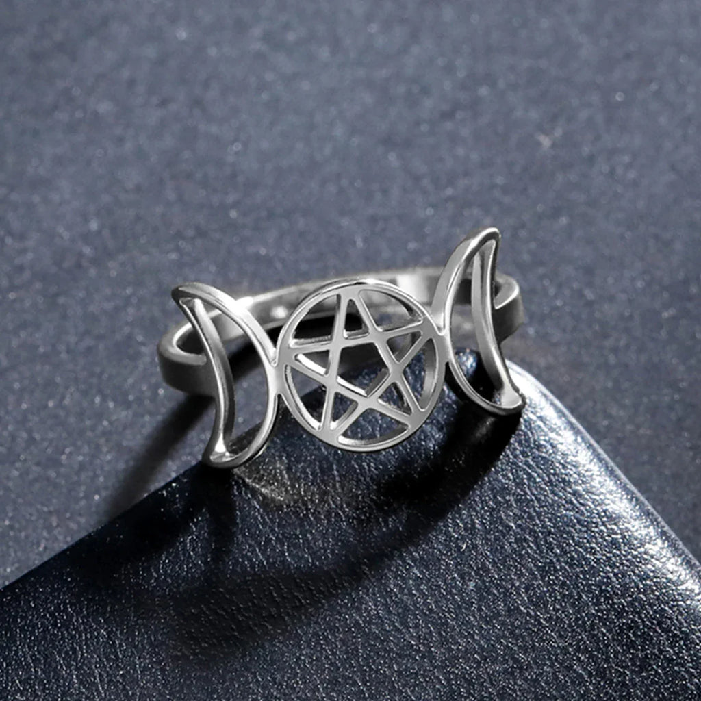 Anillo Triple Luna Fina Hechicería Mujer Wicca plata B