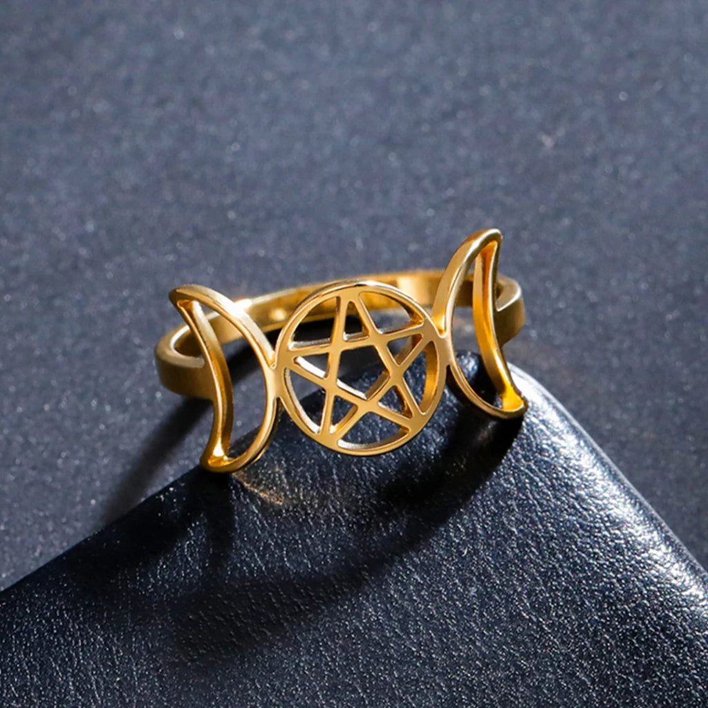 Anillo Triple Luna Fina Hechicería Mujer Wicca oro B
