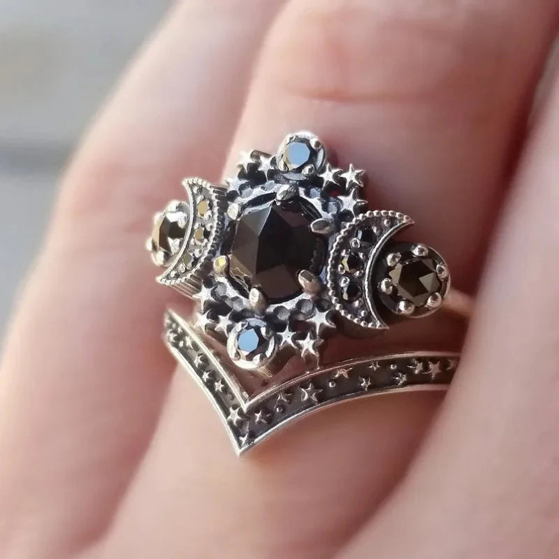 Anillo Triple Luna Hechicería Mujer Wicca negro