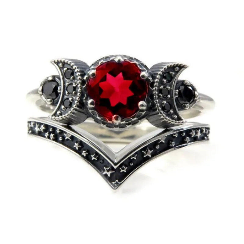 Anillo Triple Luna Hechicería Mujer Wicca rojo