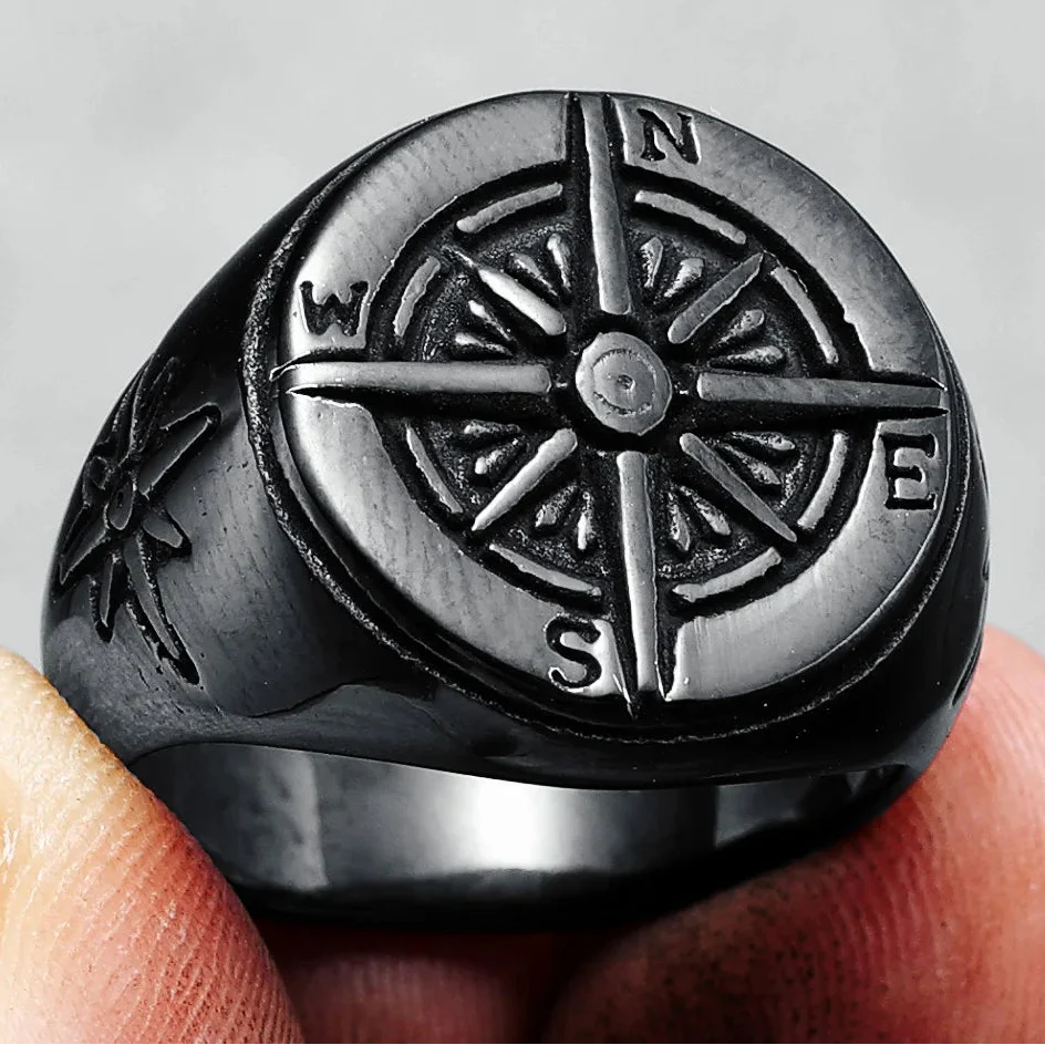 Anillo Vintage Brújula Rosa de los Vientos para Hombre negro