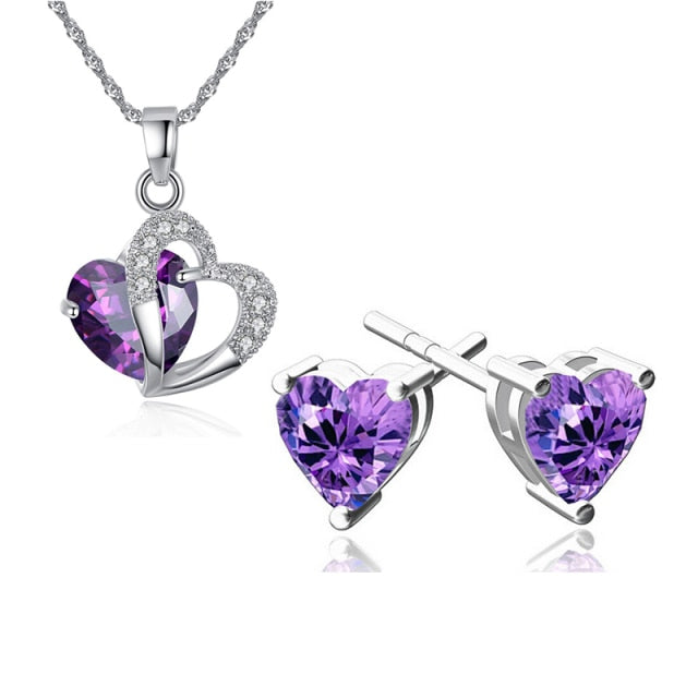 Joyería Corazón Collar y Pendientes violetas