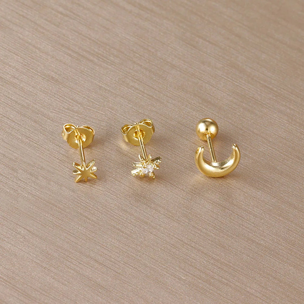 Pendientes de Botón Media Luna y Estrellas en oro